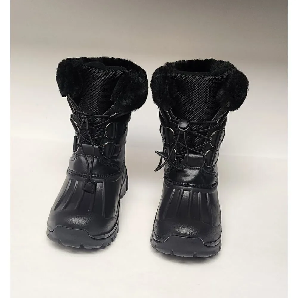 Toddler Kid's Lace Up Elastic Black Faux Fur Snow Boots Size 30/12.5